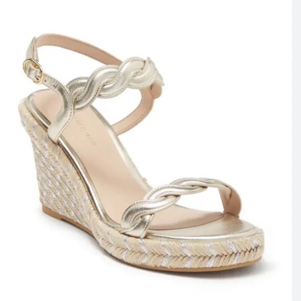 Stuart Weitzman Twist Espadrille
Wedge Sandal 3” In shimmer Metallic size 9 NEW